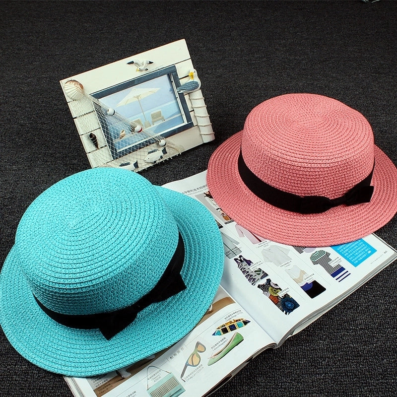 Straw Hat Sun Hat Trendy Women Summer Bow Straw Flat Top Hat