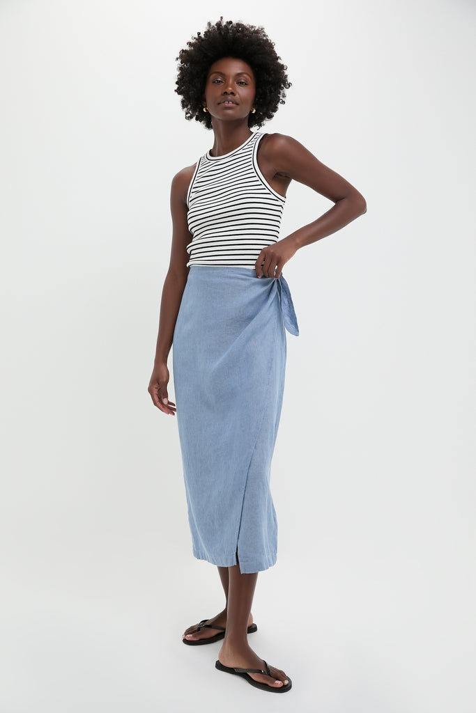 Channel Blue Delave Linen Tie Wrap Skirt
