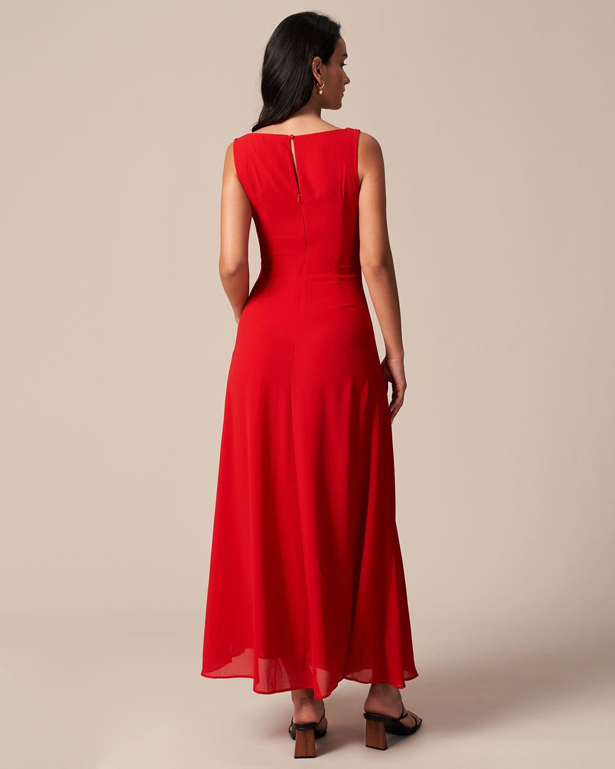 The Red Cowl Neck Cutout Ruched Maxi Dress