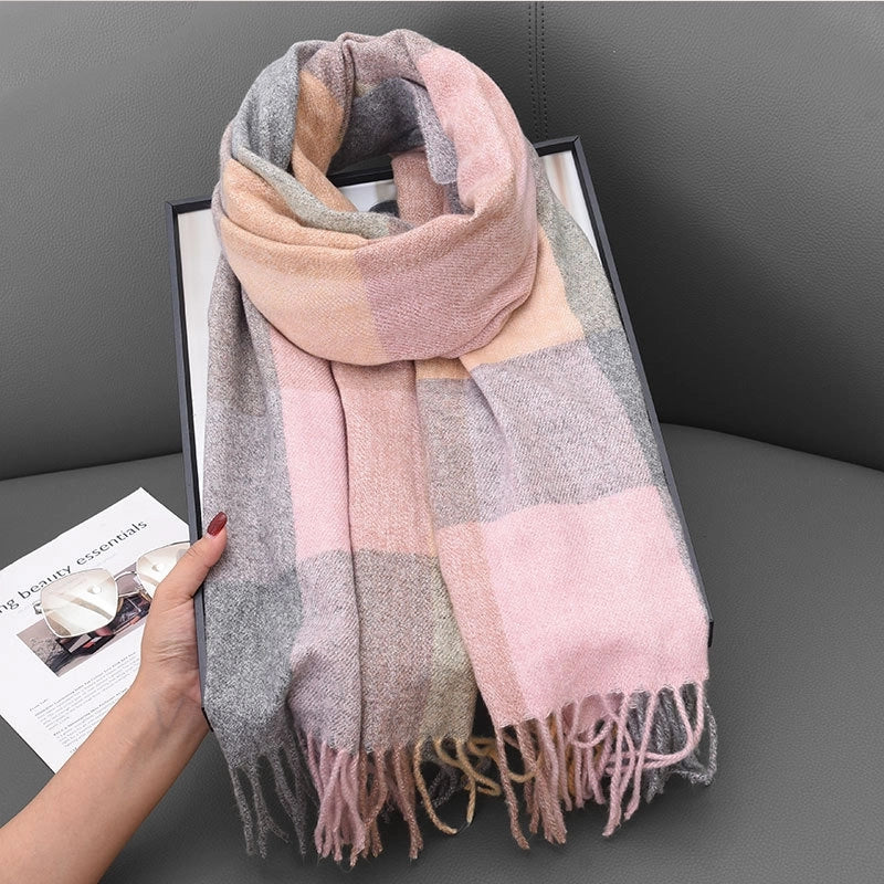 Unisex Lady Lattice Imitation Cashmere Tassel Scarf