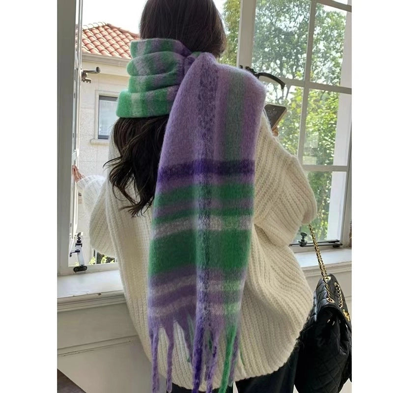 Autumn And Winter Thickened Scarf Women's  Rainbow Plaid Tassel Mohair Shawl Student Versatile Warm Scarf Fashion