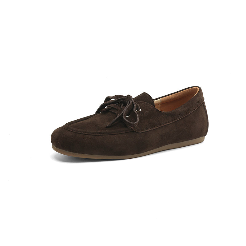 Women's Suede Leather Lace-Up Boat Shoes Round Toe Casual Driving Loafers in Deep Brown/Coffee