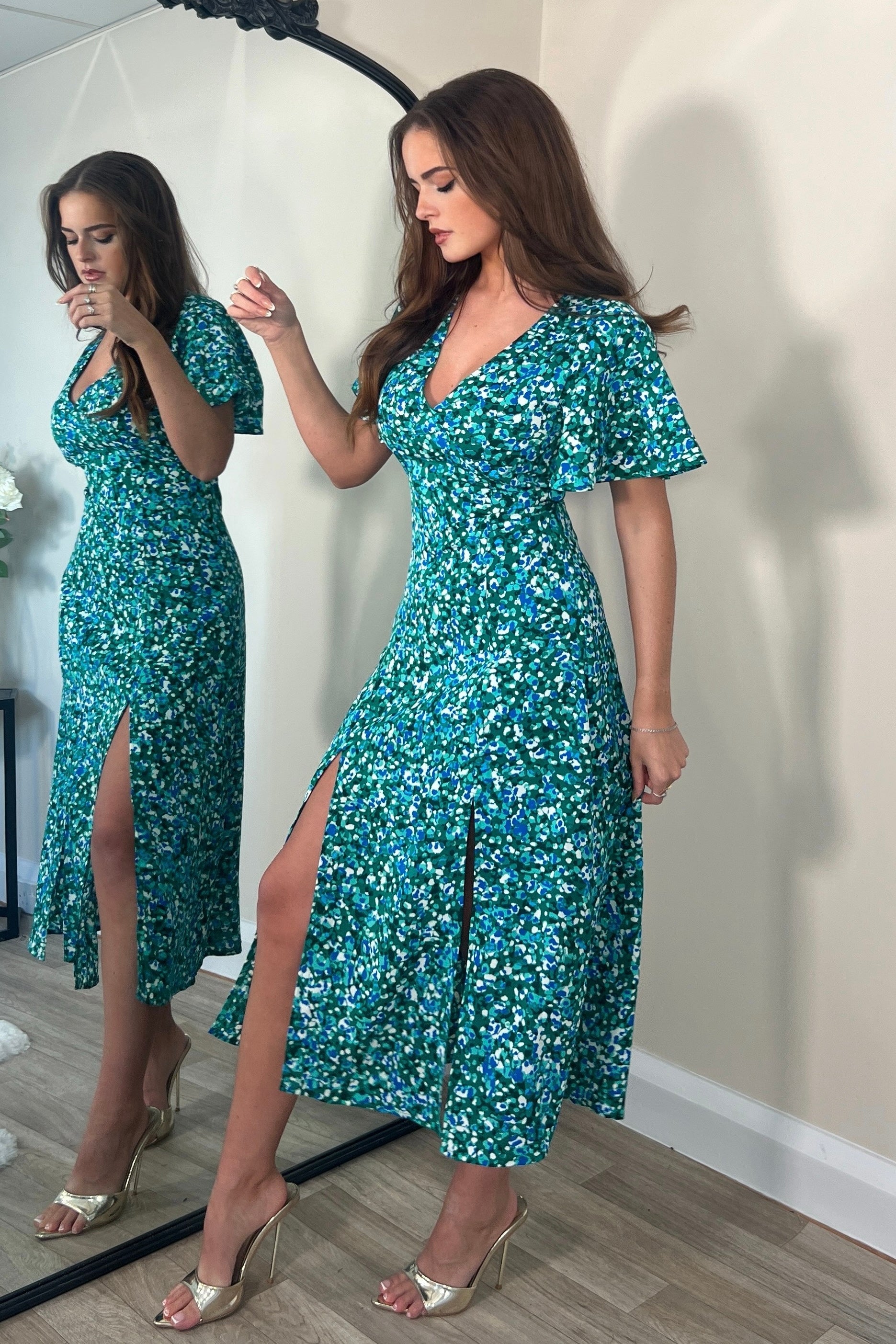 Levi Green Angel Sleeve Split Leg Midi Dress