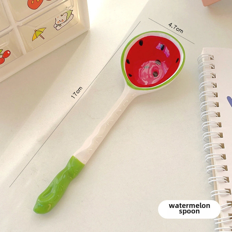 Strawberry Watermelon Cute Ceramic Bowl Long Handle Spoon Tableware Children's Cartoon Rice Bowl Soup Bowl Internet Celebrity Tableware
