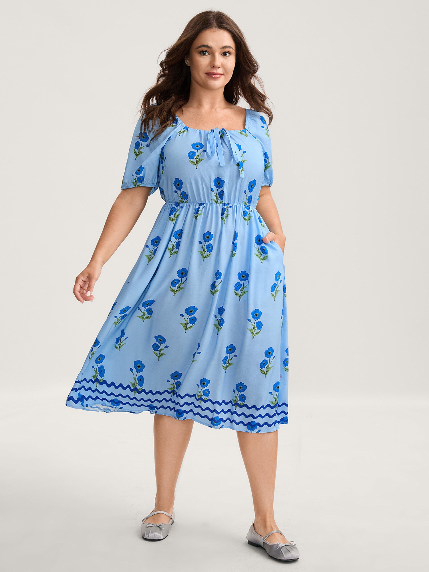 Rayon Neck Tie Pockets Floral Midi Dress
