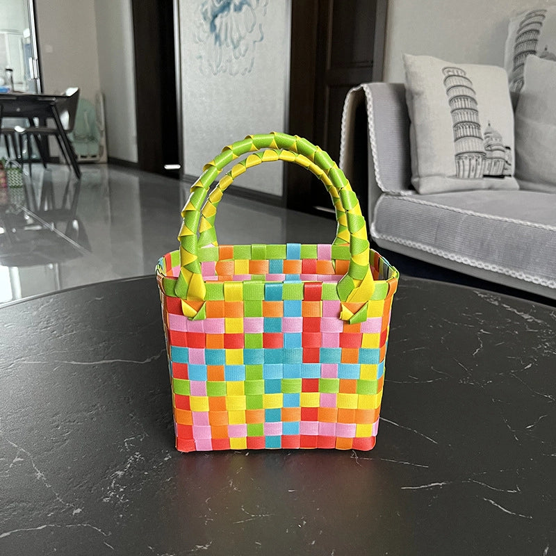 Women's PVC Color Block Plaid Vacation Weave Square Open Square Bag