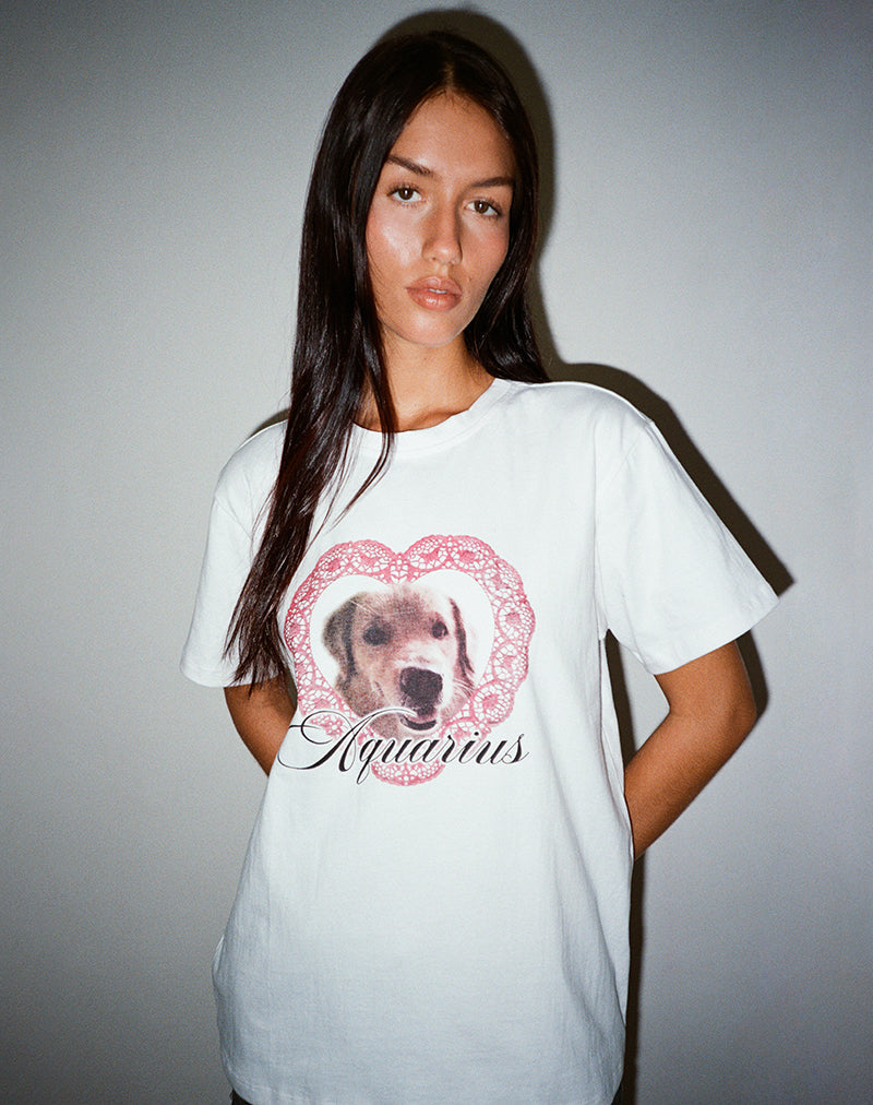 Oversized Basic Tee in White with Aquarius Dog Graphic