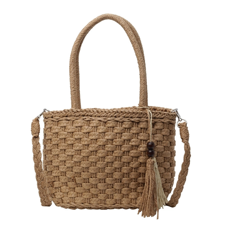 Women's Medium Straw Solid Color Beach Classic Style Bucket String Crossbody Bag