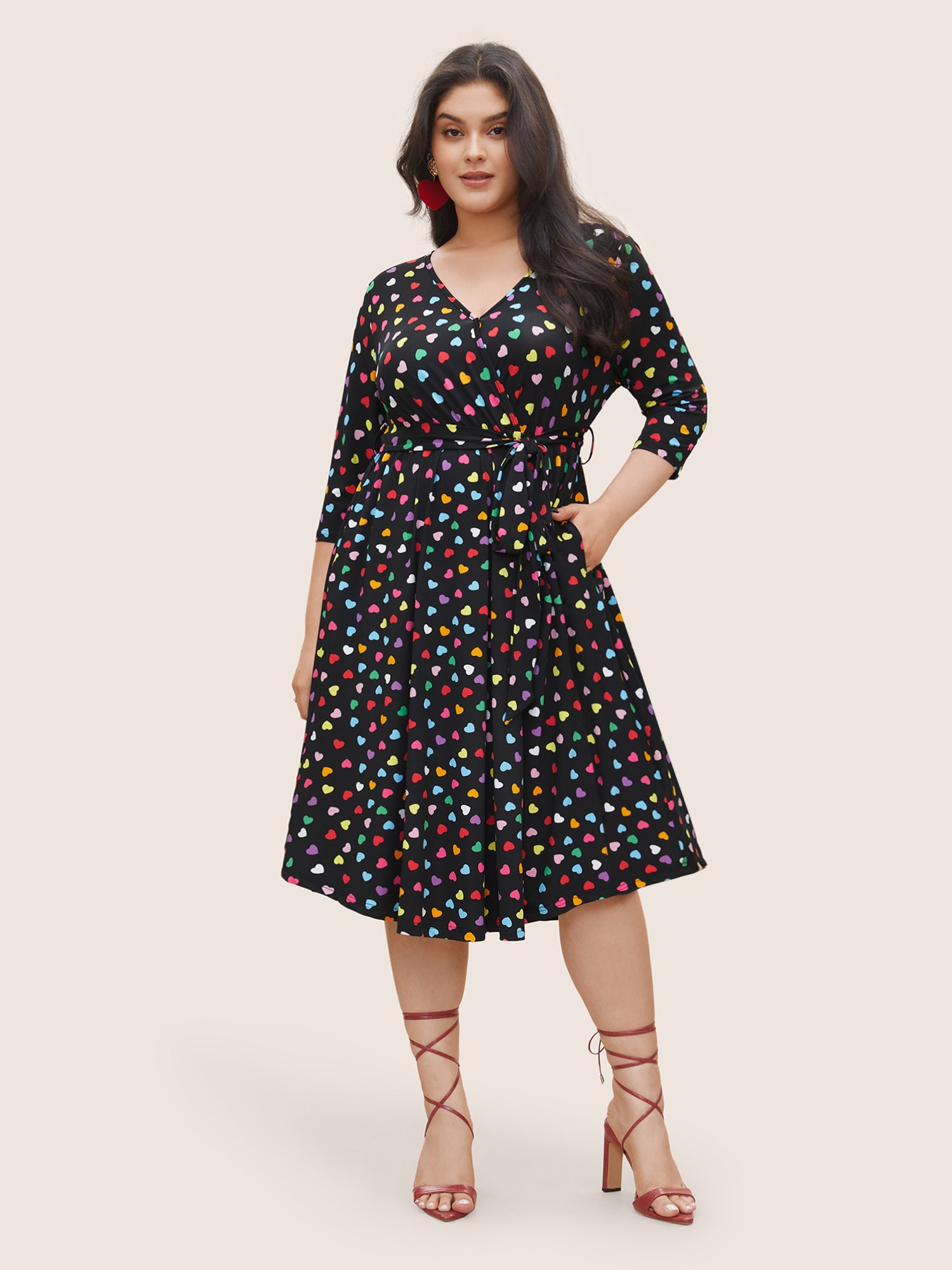 Colored Heart Print Belted Overlap Collar Dress