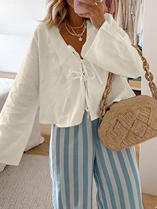 Lace-Up Solid Color V-Neck Blouses&Shirts Tops