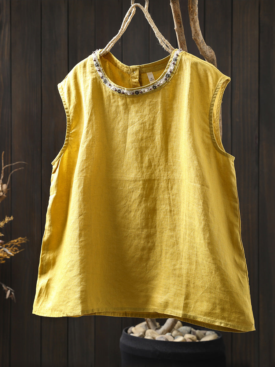 Women Summer Artsy Pure Color 100%Linen Spliced O-Neck Shirt