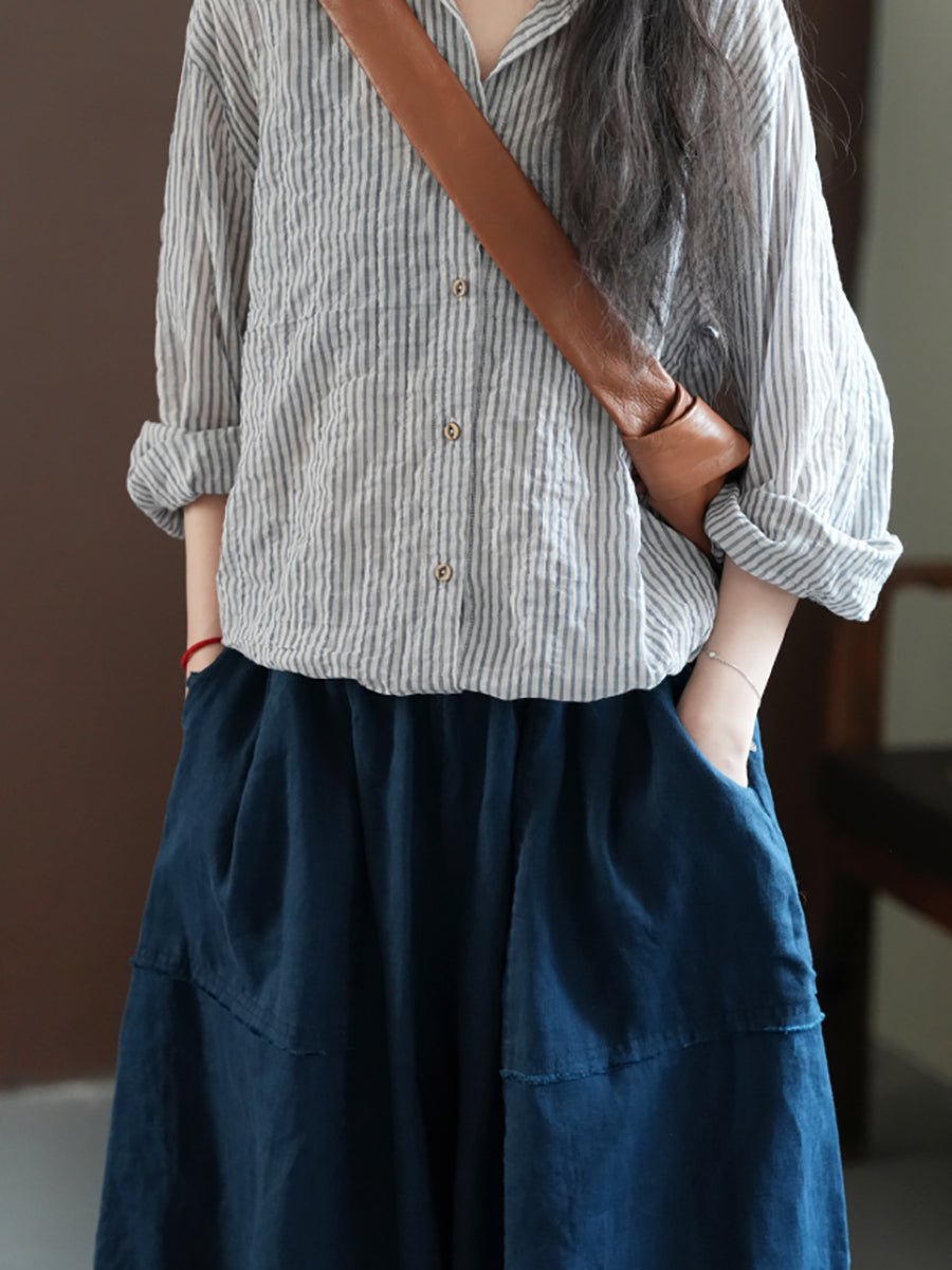 Women Summer Retro Stripe Turn-down Collar Cotton Shirt