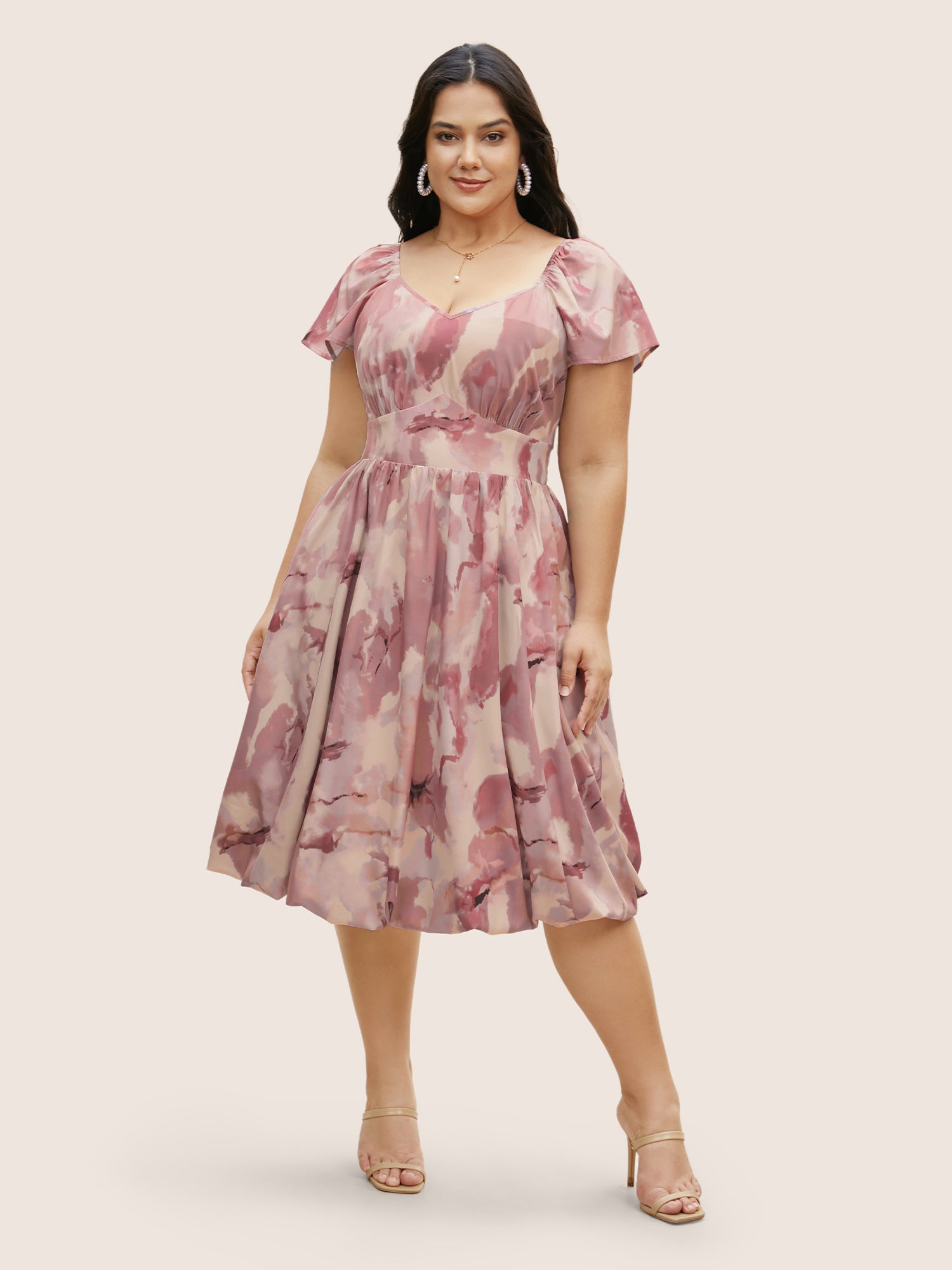 Watercolor Floral Ruffles Shirred Gathered Dress