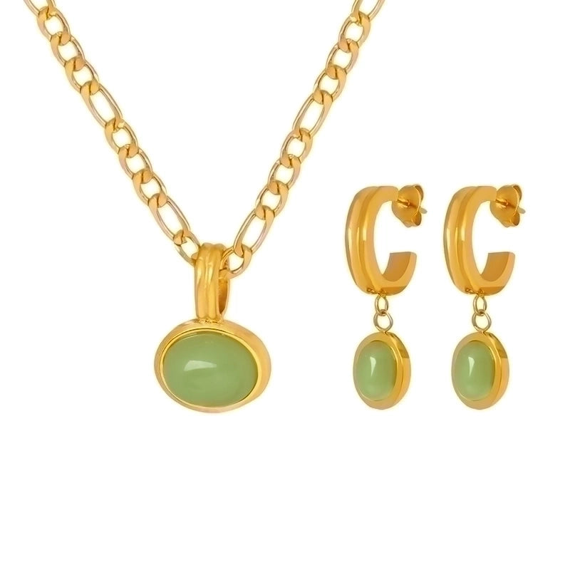 Elegant Oval 304 Stainless Steel Natural Stone 18K Gold Plated Inlay Earrings Necklace