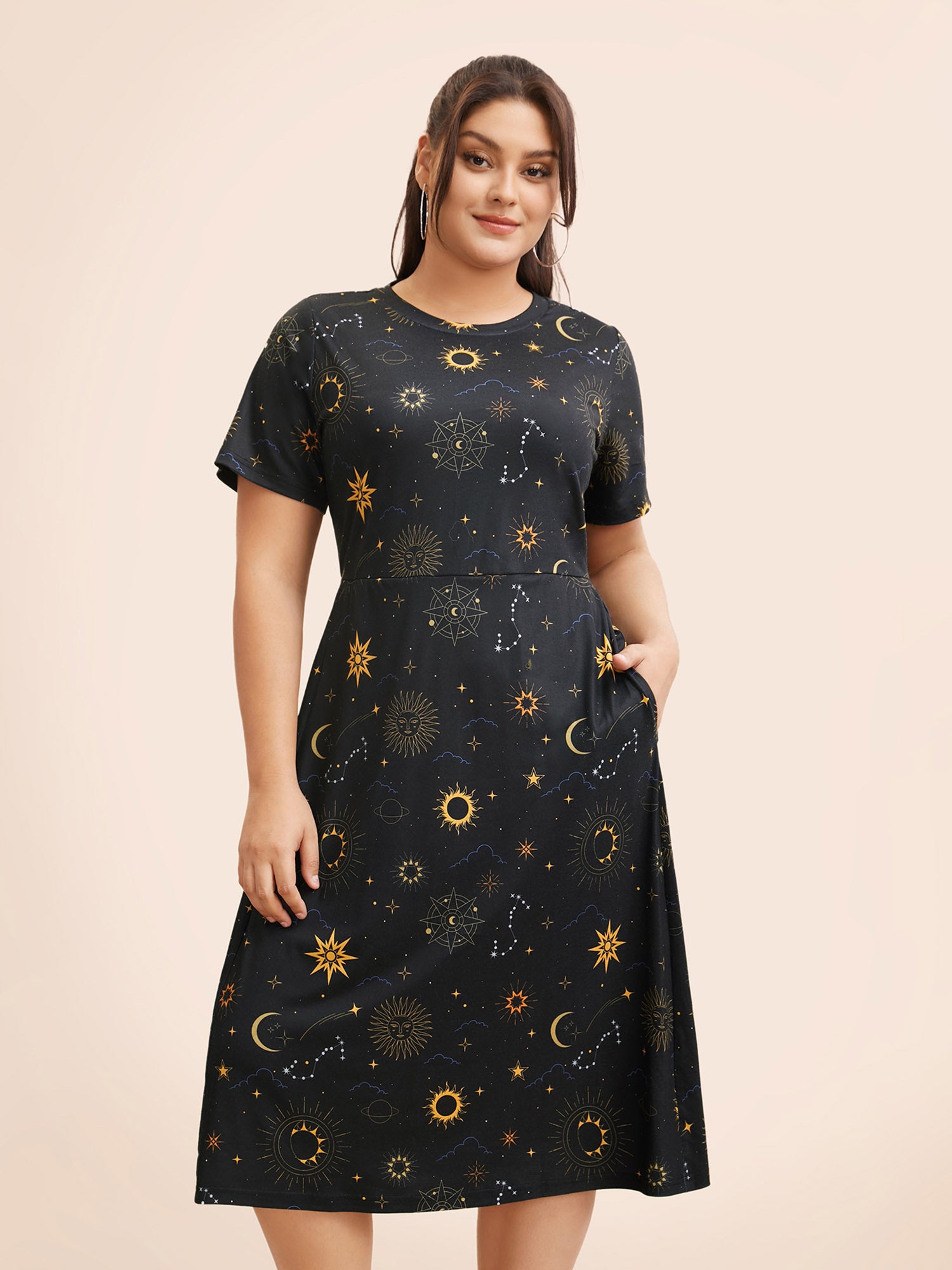 Sun & Star Print Crew Neck Pocket Dress