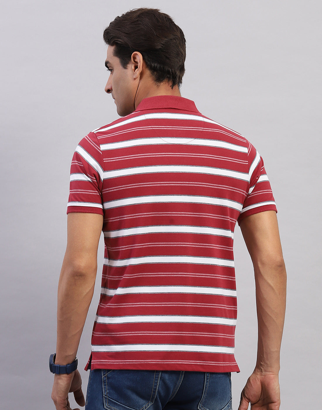 Men Maroon Stripe Polo Collar Half Sleeve T-Shirt