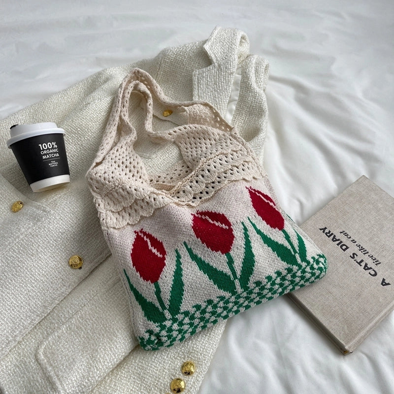 Women's Medium Fabric Flower Vintage Style Vacation Weave Open Handbag