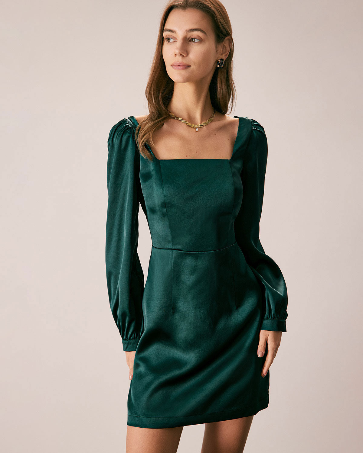 The Green Square Neck Satin A-Line Mini Dress