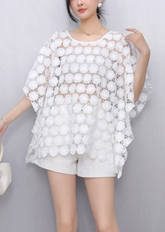 Bohemian White O-Neck Hollow Out Lace T Shirt Summer