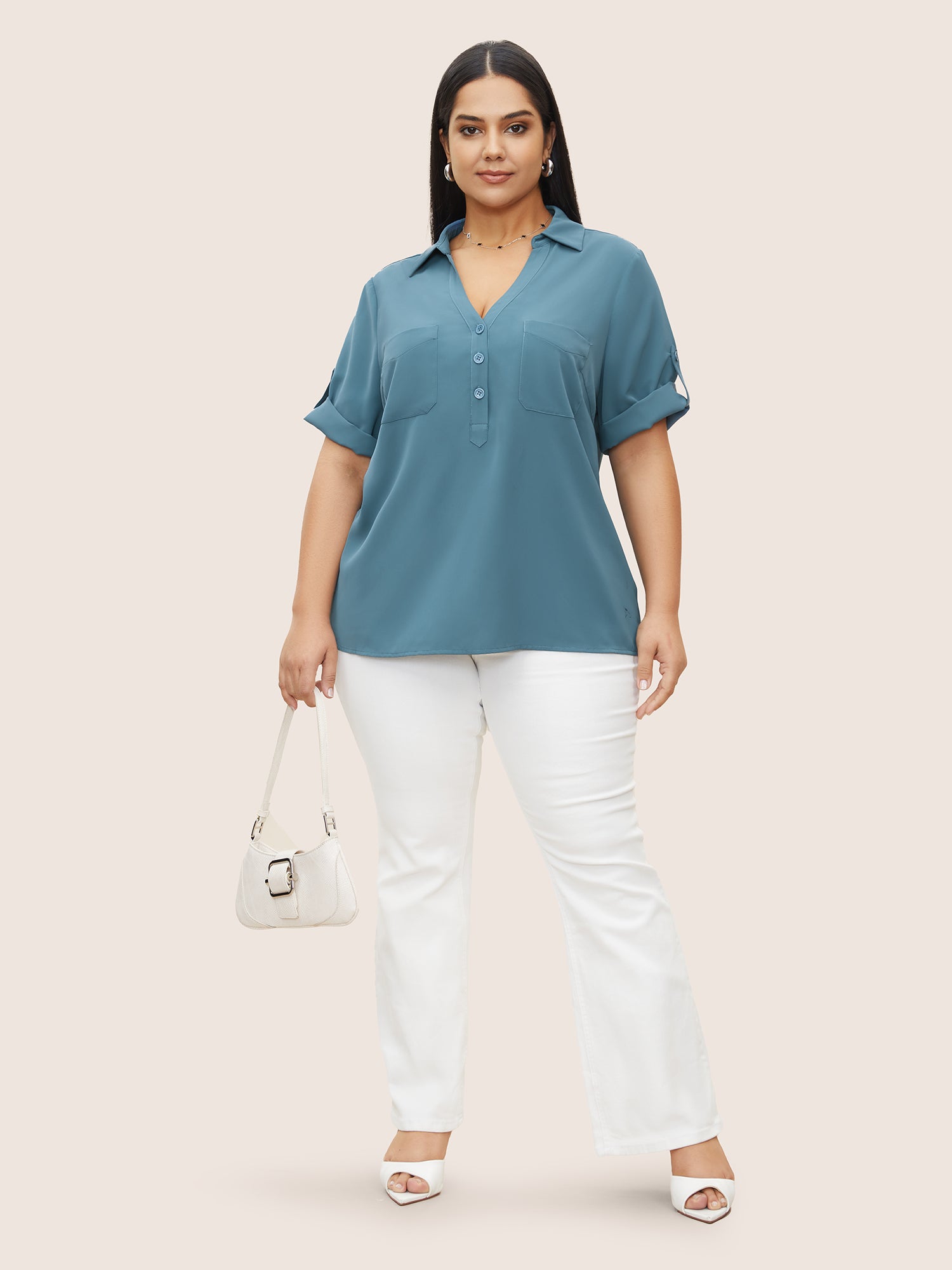 Anti-Wrinkle Shirt Collar Patched Pocket Tab Sleeve Blouse