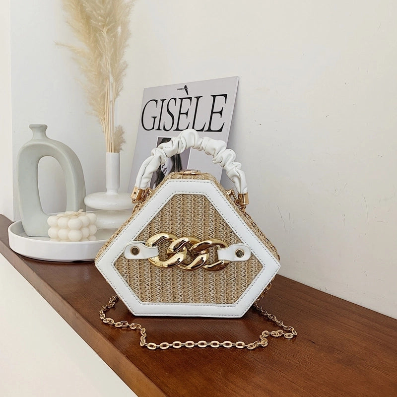 Women's Small Straw Geometric Classic Style Lock Clasp Straw Bag