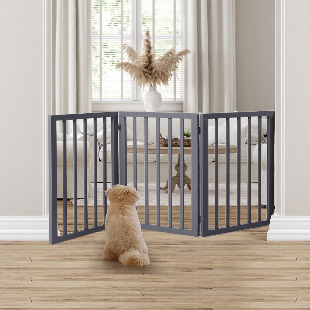 Retractable Barrier Wooden Pet Gate Dog Fence 3 Panel Grey