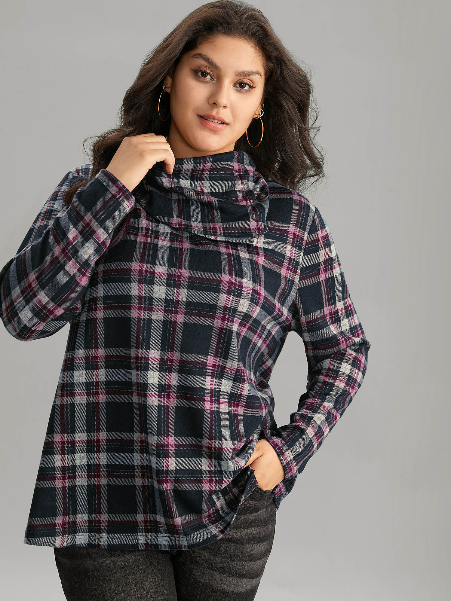 Plaid Funnel Neck Button Detail T-shirt