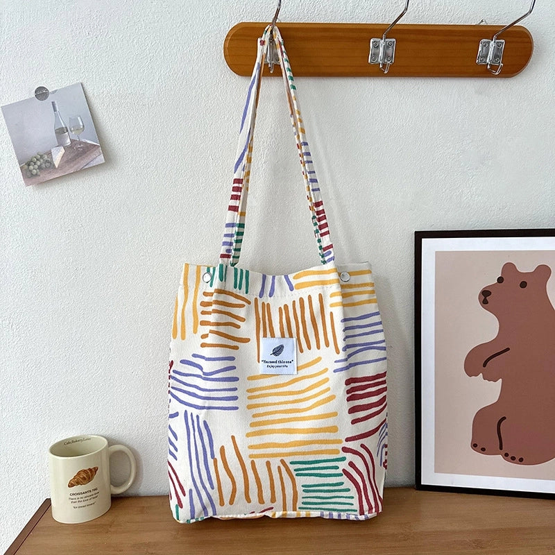 Women's Large Corduroy Smile Face Streetwear Square Magnetic Buckle Handbag