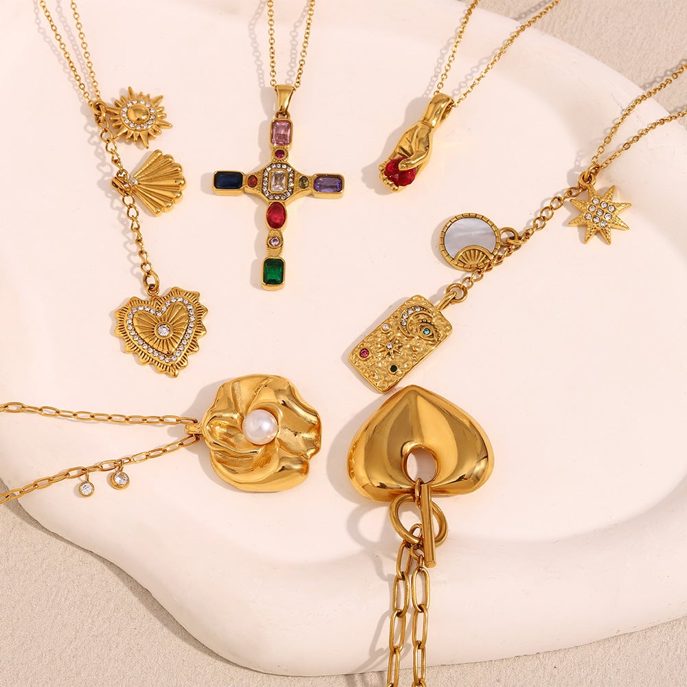 French Retro Cross Square Pendant Stainless Steel 18K Gold Plated Gemstone Love Flower Necklace