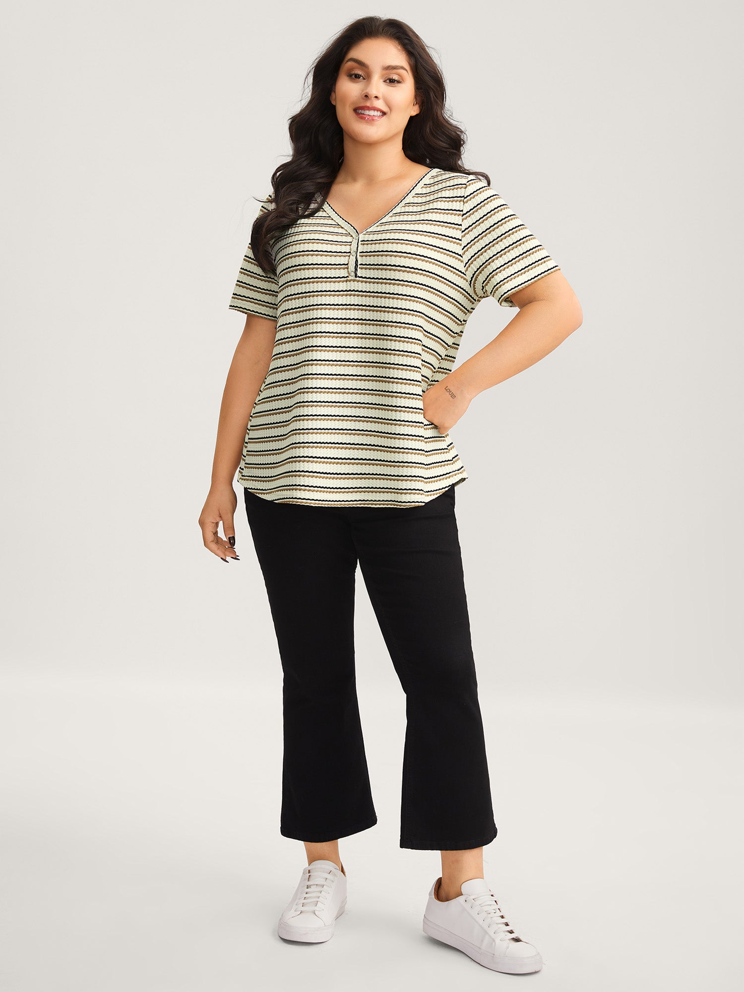 Waffle Stripe Button Detail T-Shirt