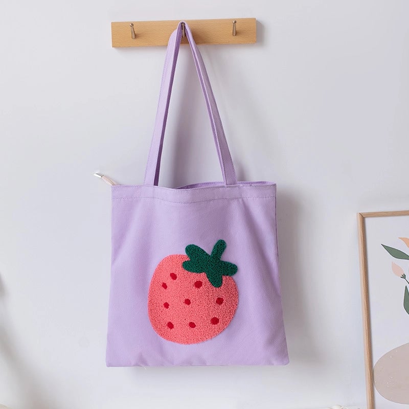 Women's Large Canvas Strawberry Streetwear Embroidery Square Zipper Handbag