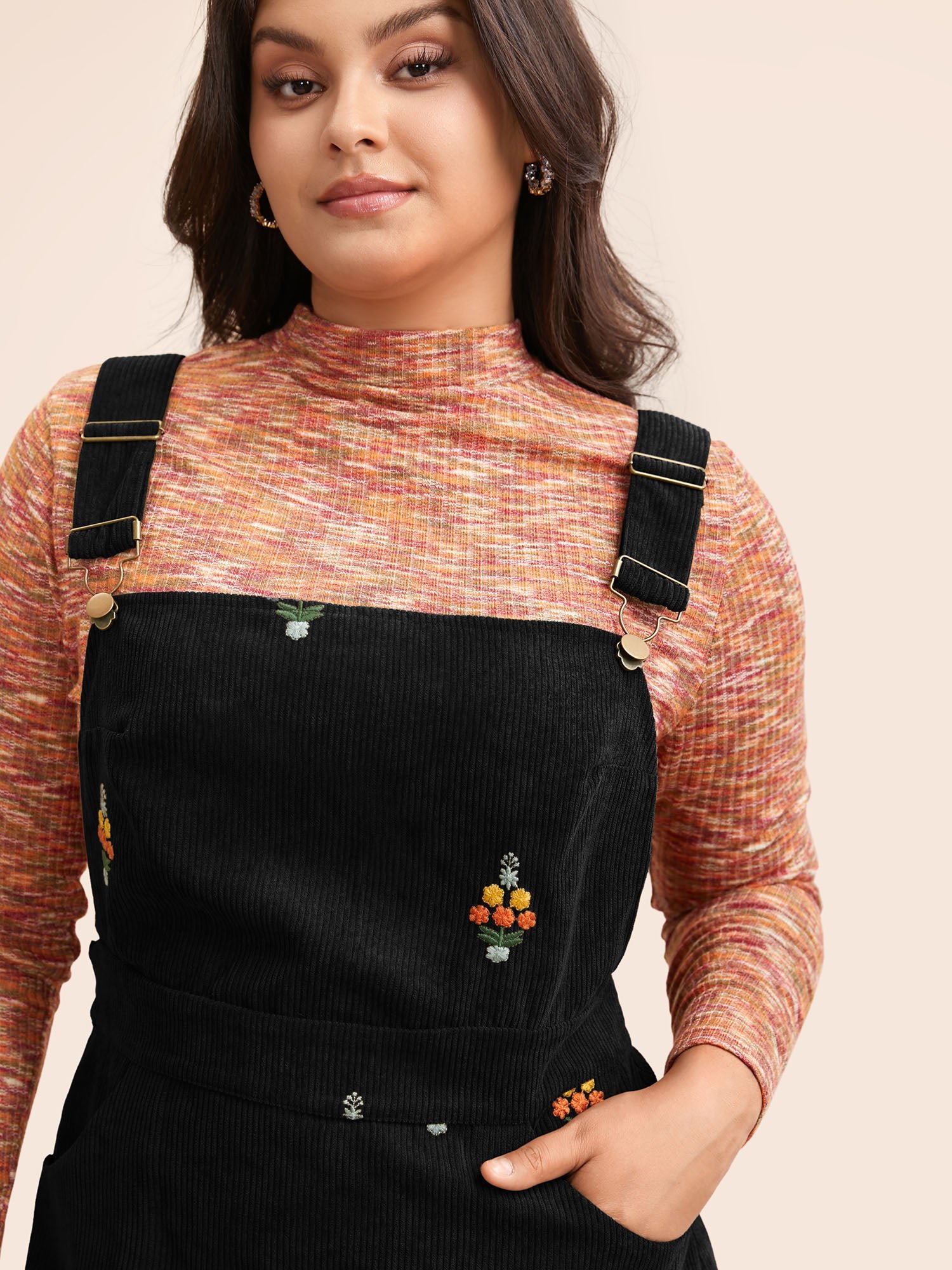 Floral Embroidered Corduroy Overall Dress