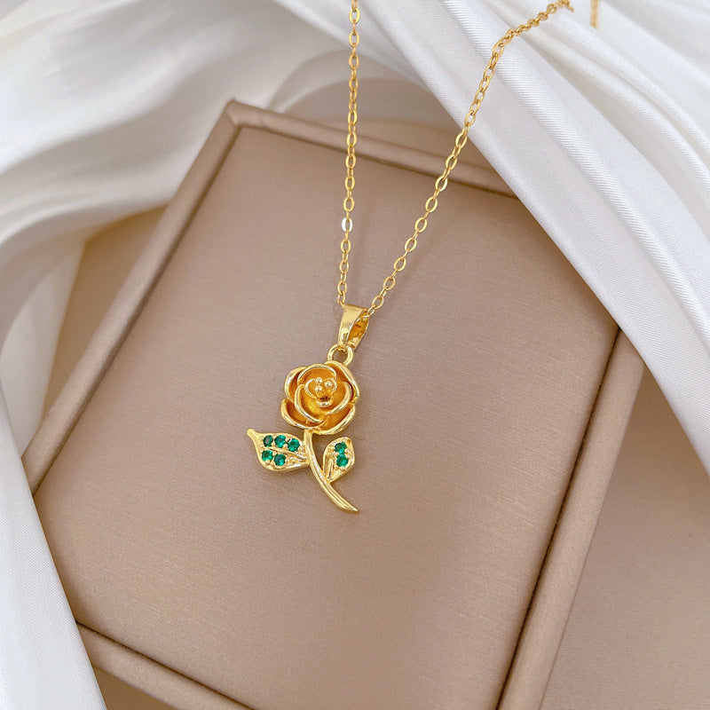 Green Leaf Rose Zircon Gorgeous Full Diamond Necklace Female Versatile Clavicle Chain Titanium Steel Chain