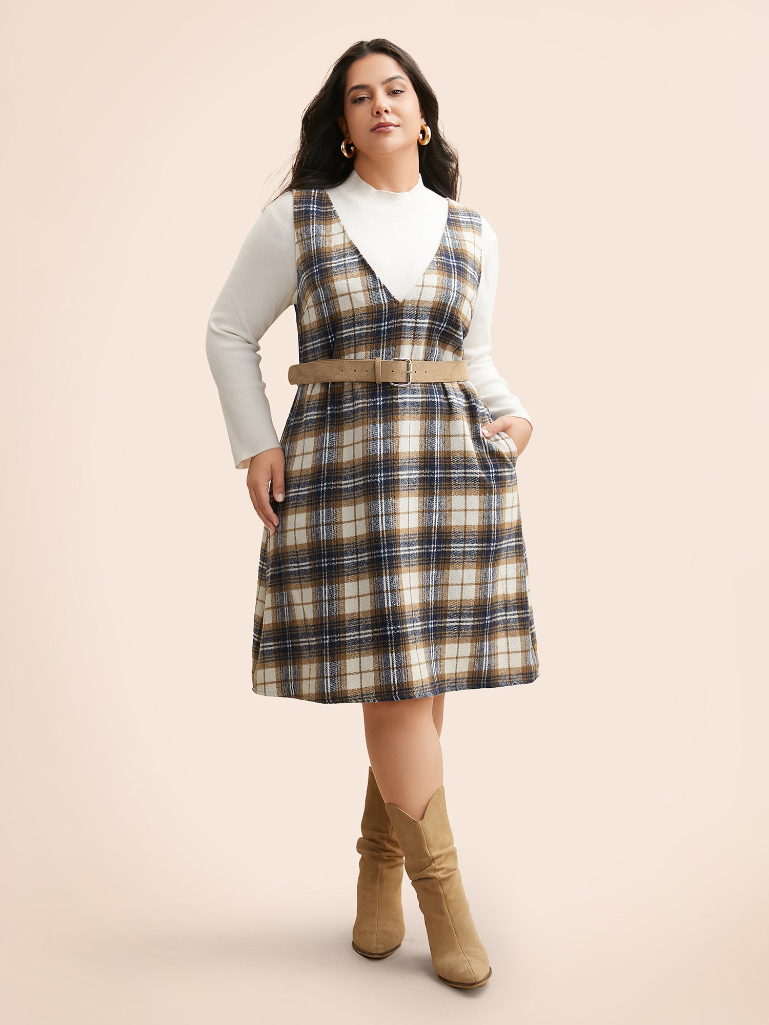 Plaid V Neck Sleeveless Dress
