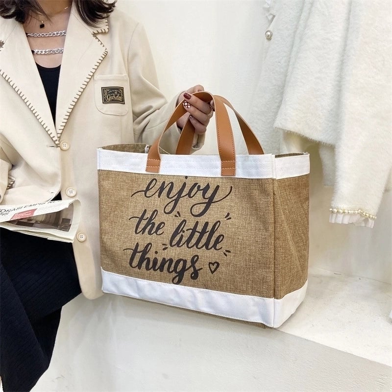 Women's Large Cotton And Linen Letter Basic Classic Style Square Open Tote Bag