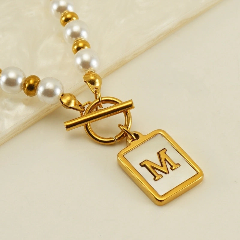 Stainless Steel 18K Gold Plated Elegant French Style Pearl Plating Inlay Letter Shell Pendant Necklace