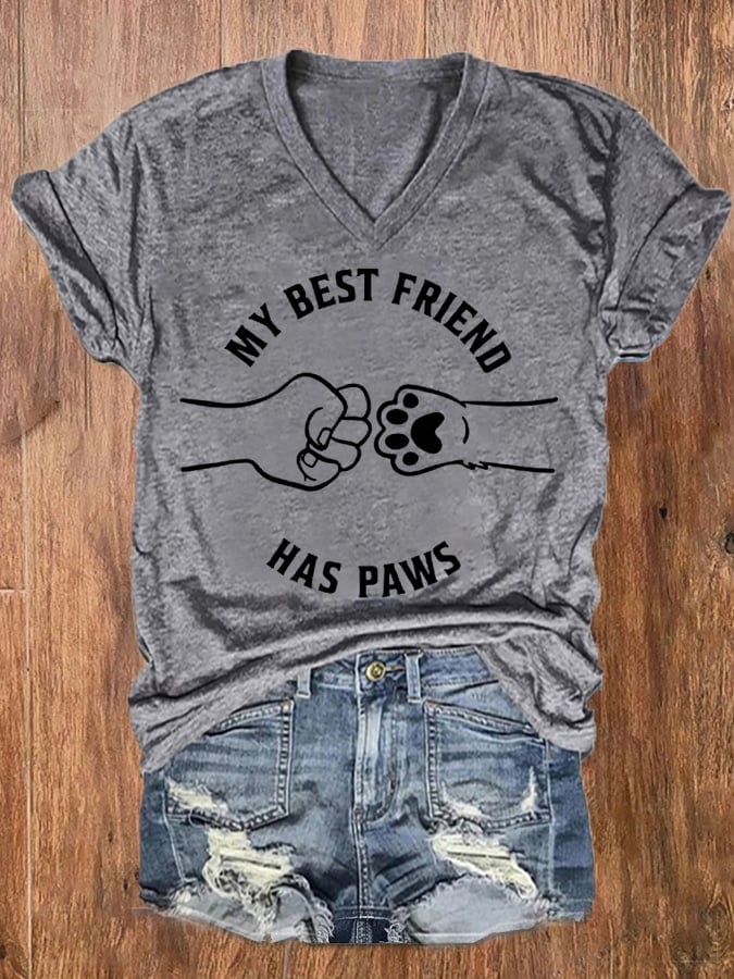Women's My Best Friend Has Paws Dog And Cat Lovers V-Neck Tee