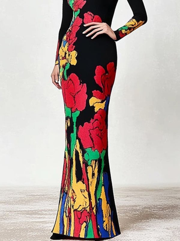 Skinny Flower Print Multi-Colored High Neck Maxi Dresses