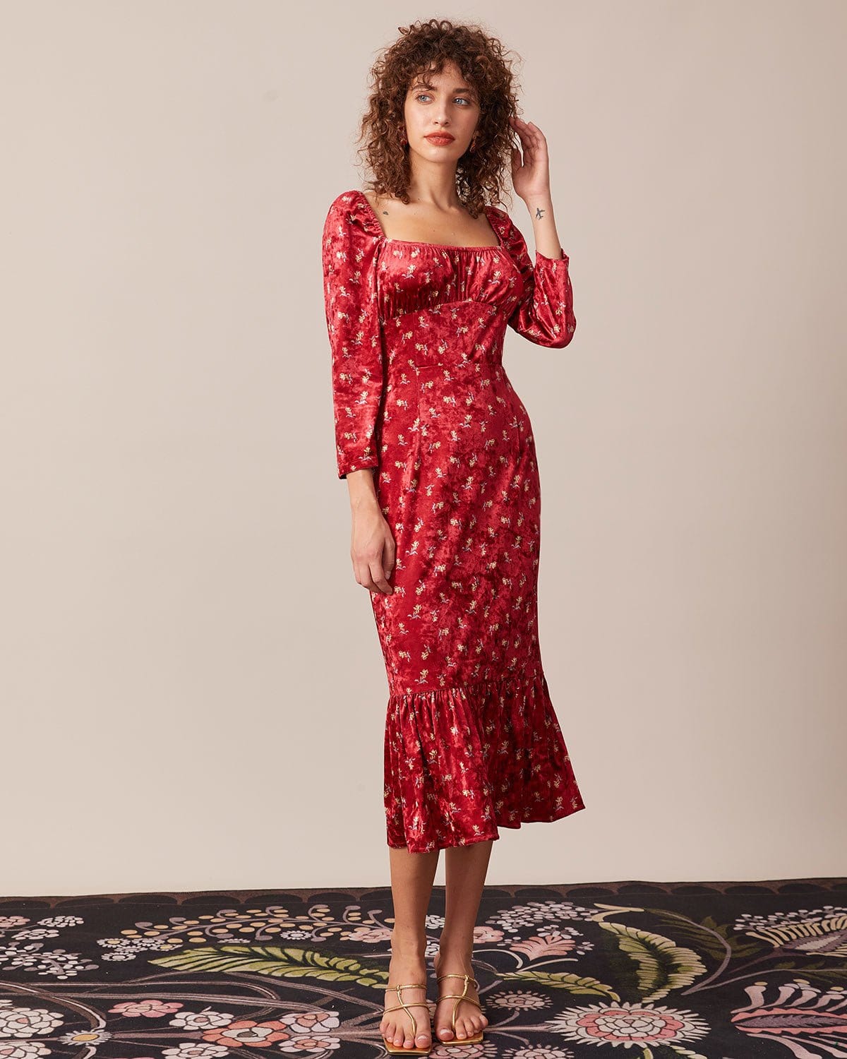 The Red Square Neck Floral Velvet Midi Dress