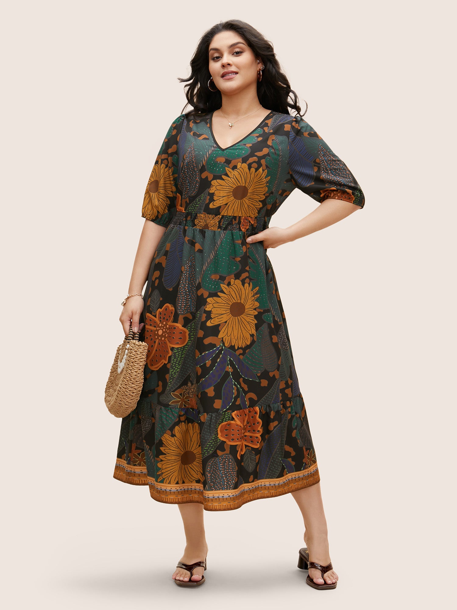 Floral Shirred Lantern Sleeve Midi Dress