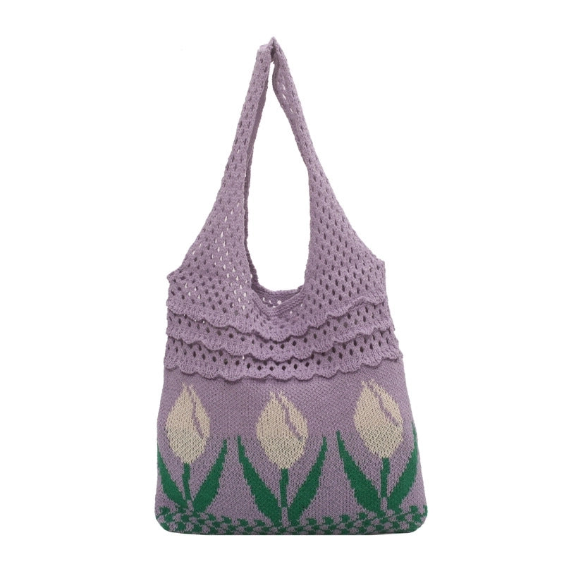 Women's Medium Fabric Flower Vintage Style Vacation Weave Open Handbag