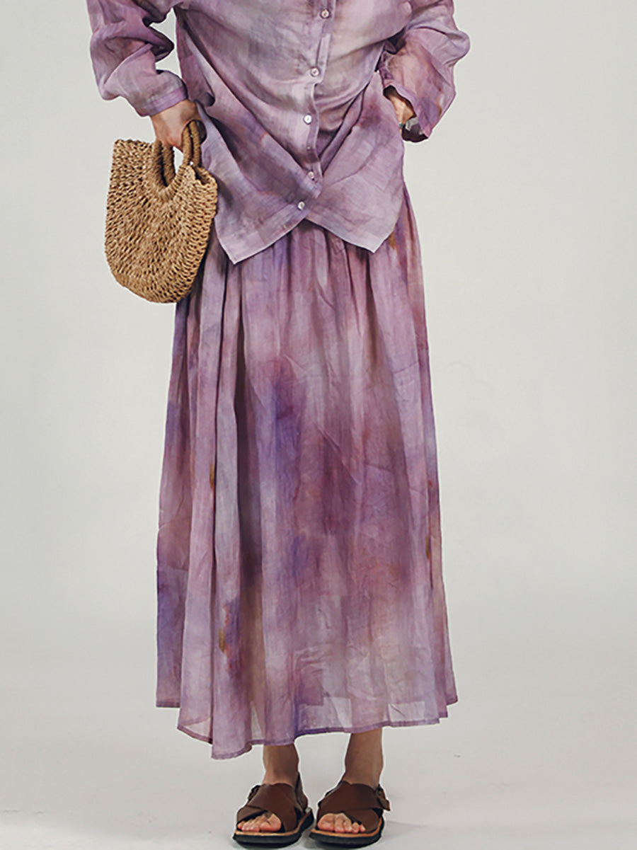 Women Summer Vintage Tie-dye A-Shape 100%Ramie Skirt