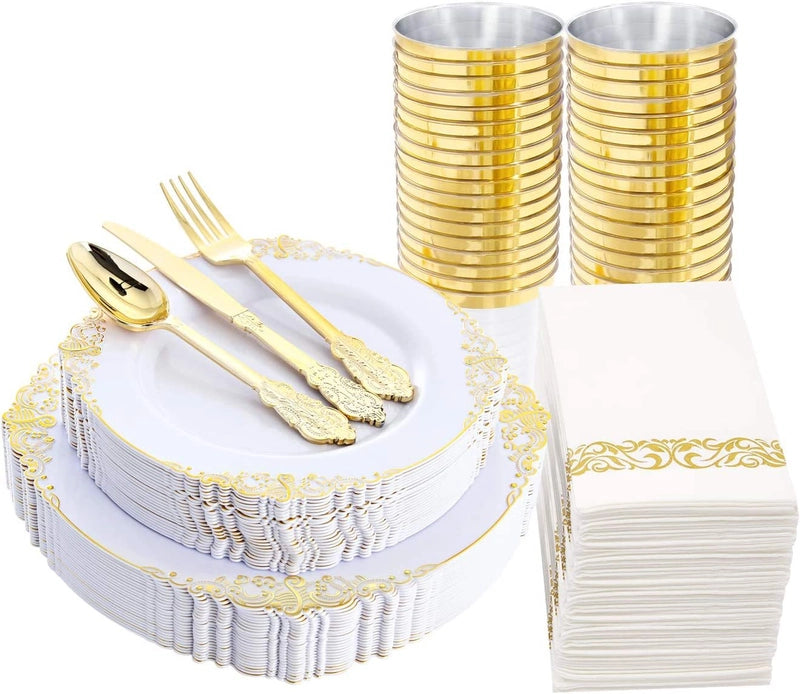Disposable Tableware Dragon Pattern White Golden Edge Relief Plate Wine Glass Knife. Fork And Spoon PS Hard Plastic Gold Air-Laid Paper Suit