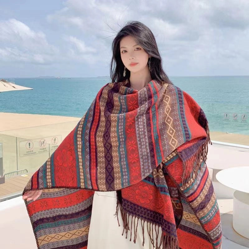 Women's Minimalist Classic Style Color Block Imitation Cashmere Tassel Shawl