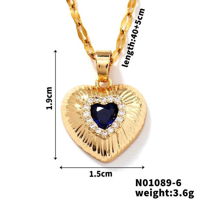 Classic Style Heart Shape 304 Stainless Steel Copper Zircon K Gold Plated Rhodium Plated Inlay Pendant Necklace