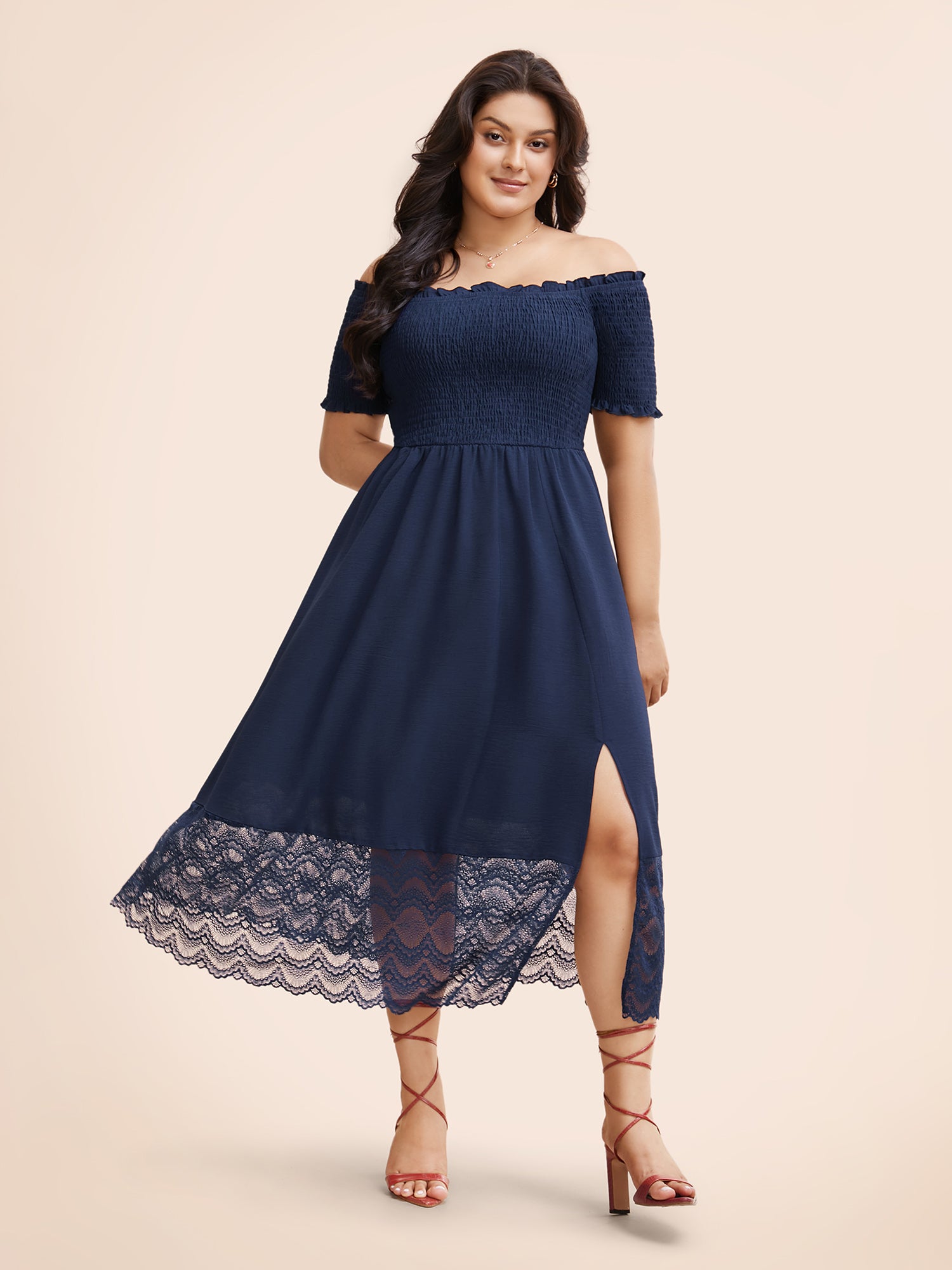 Off Shoulder Shirred Lace Patchwork Dress