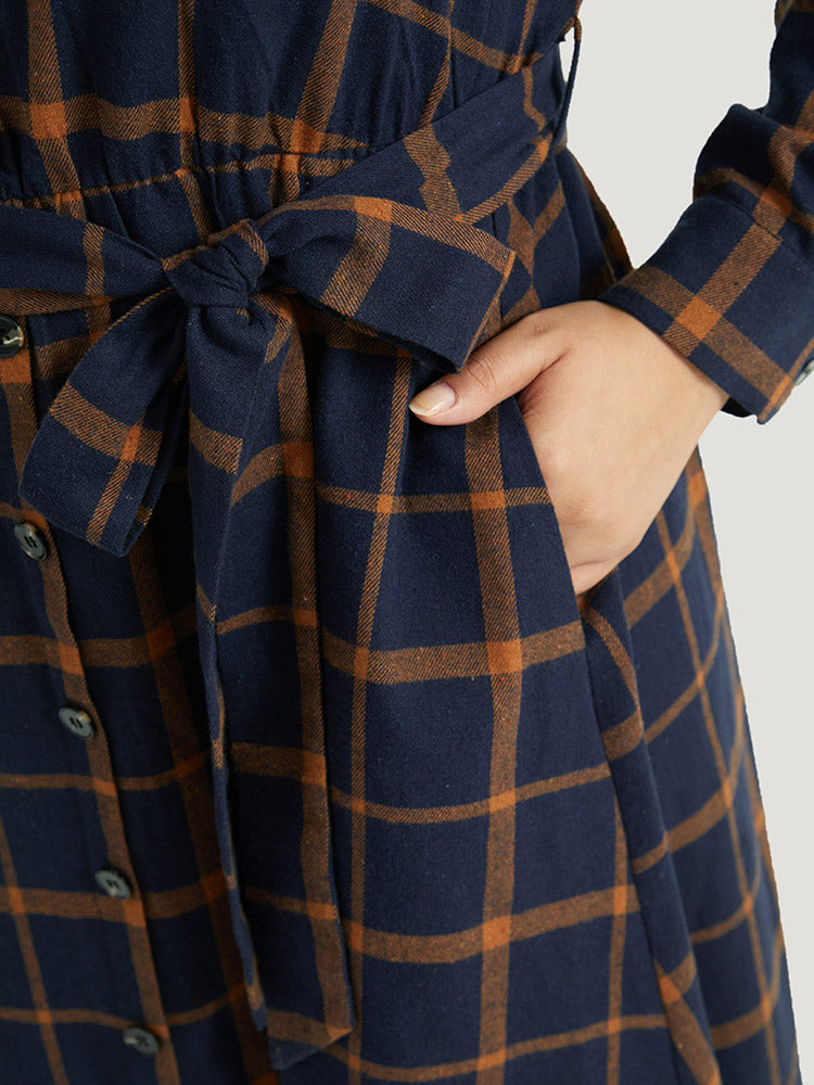 Plaid Shirt Collar Button Fly Belted Dress
