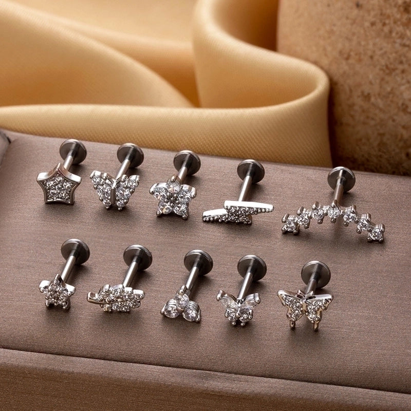 1 Piece Lip Rings Cool Style Pentagram Flower Butterfly 316L Stainless Steel  Copper Plating Inlay Zircon
