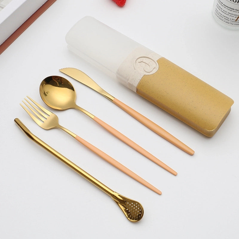 Retro Pastoral Color Block Stainless Steel Spoon Fruit Knife Fruit Fork 1 Set