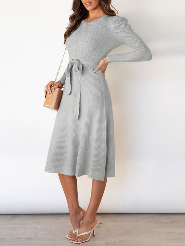 High Waisted Long Sleeves Solid Color Tied Waist Round-Neck Midi Dresses Sweater Dresses